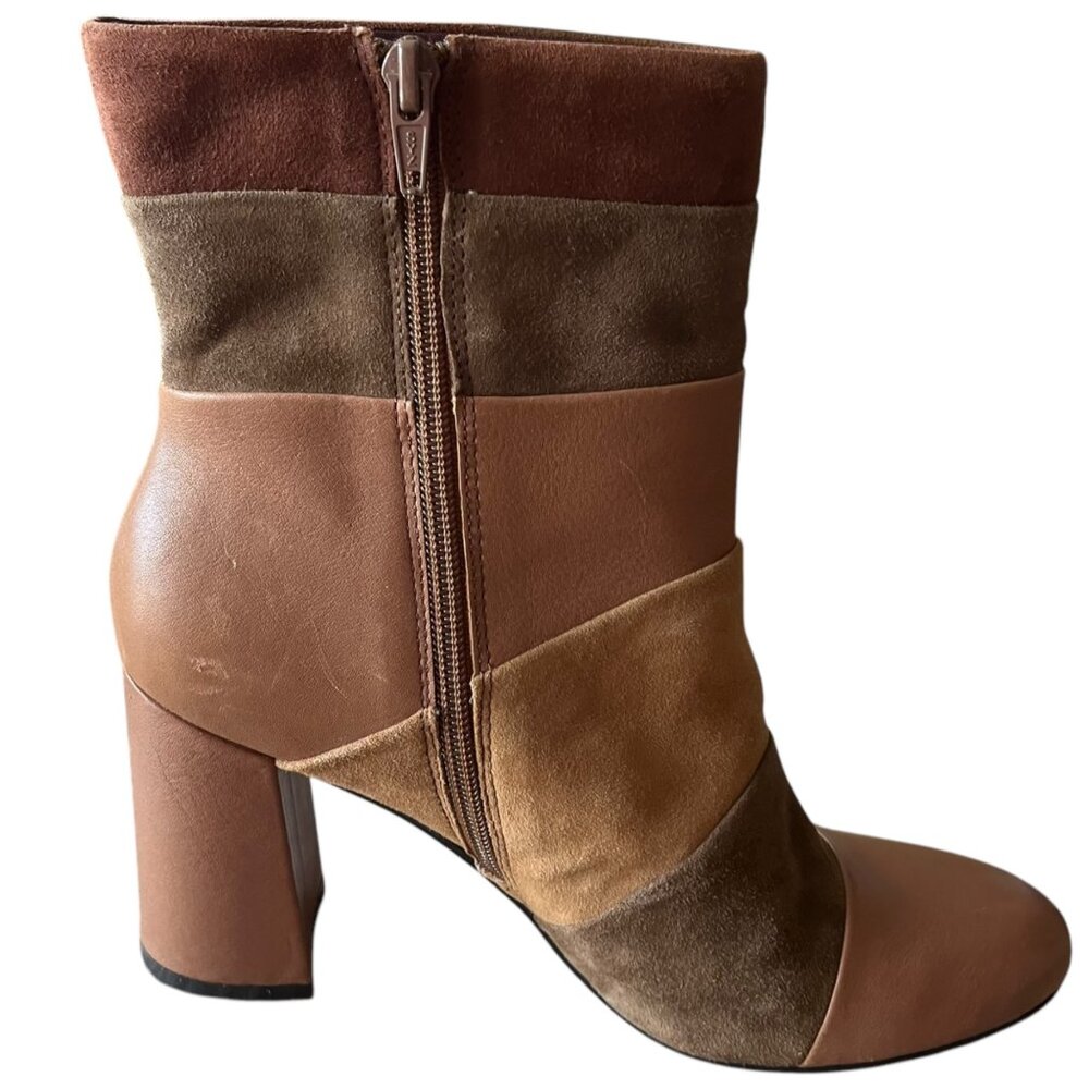 Poetic Licence Women's‎ 7.5 Tan Leather Booties Patchwork Places Heeled London - Picture 9 of 12